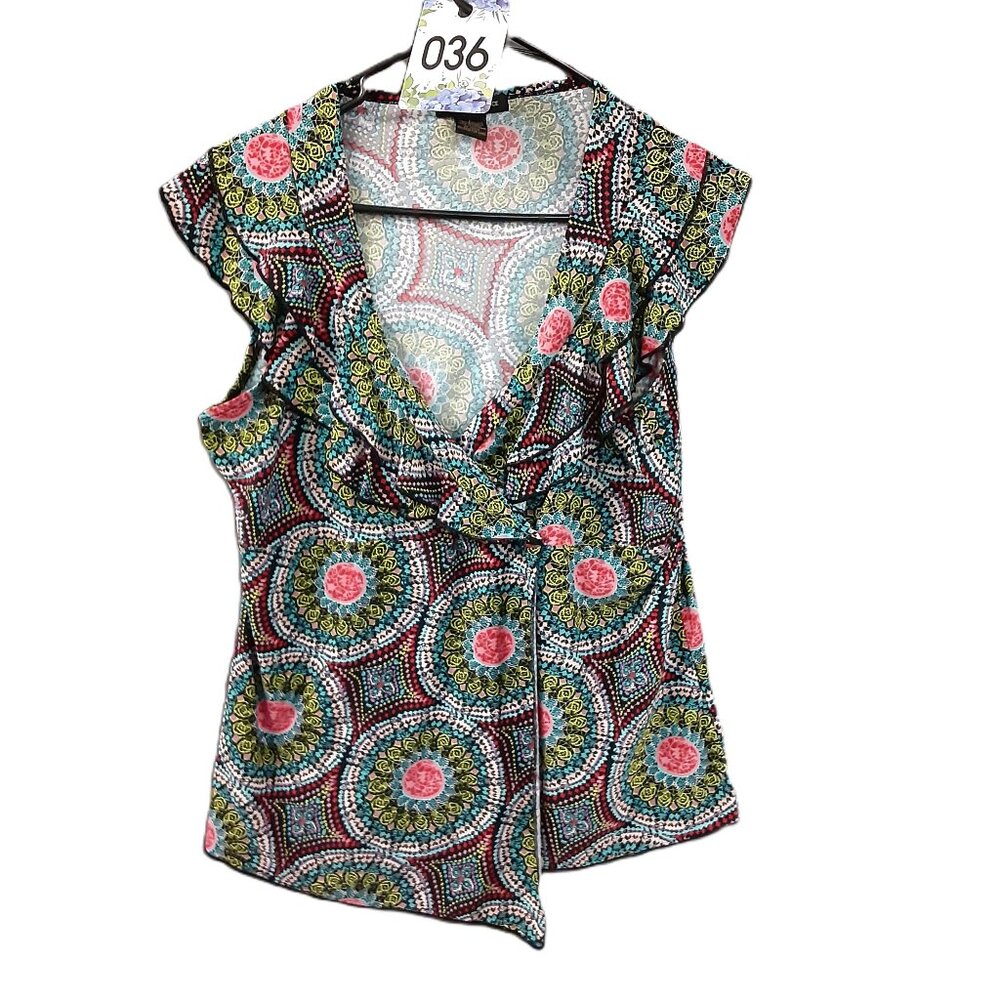 Susan Lawrence Womans Blouse Size LARGE, Pullover, Sleeveless, Ruffles